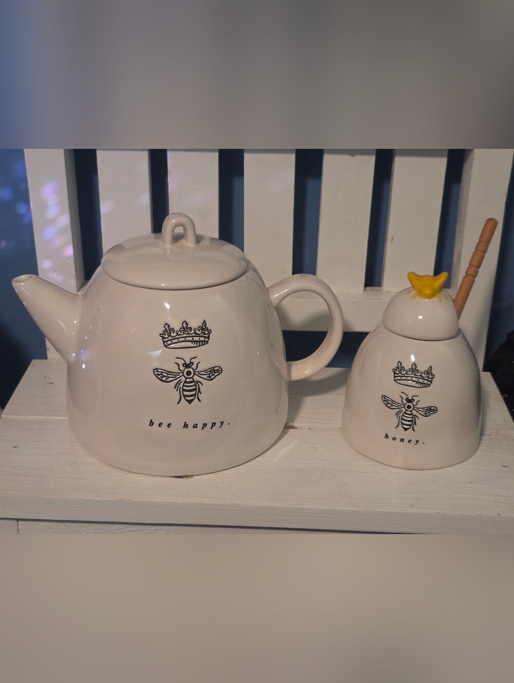 Rae Dunn Ceramic Bee Teapot and Honey Pot Set - White